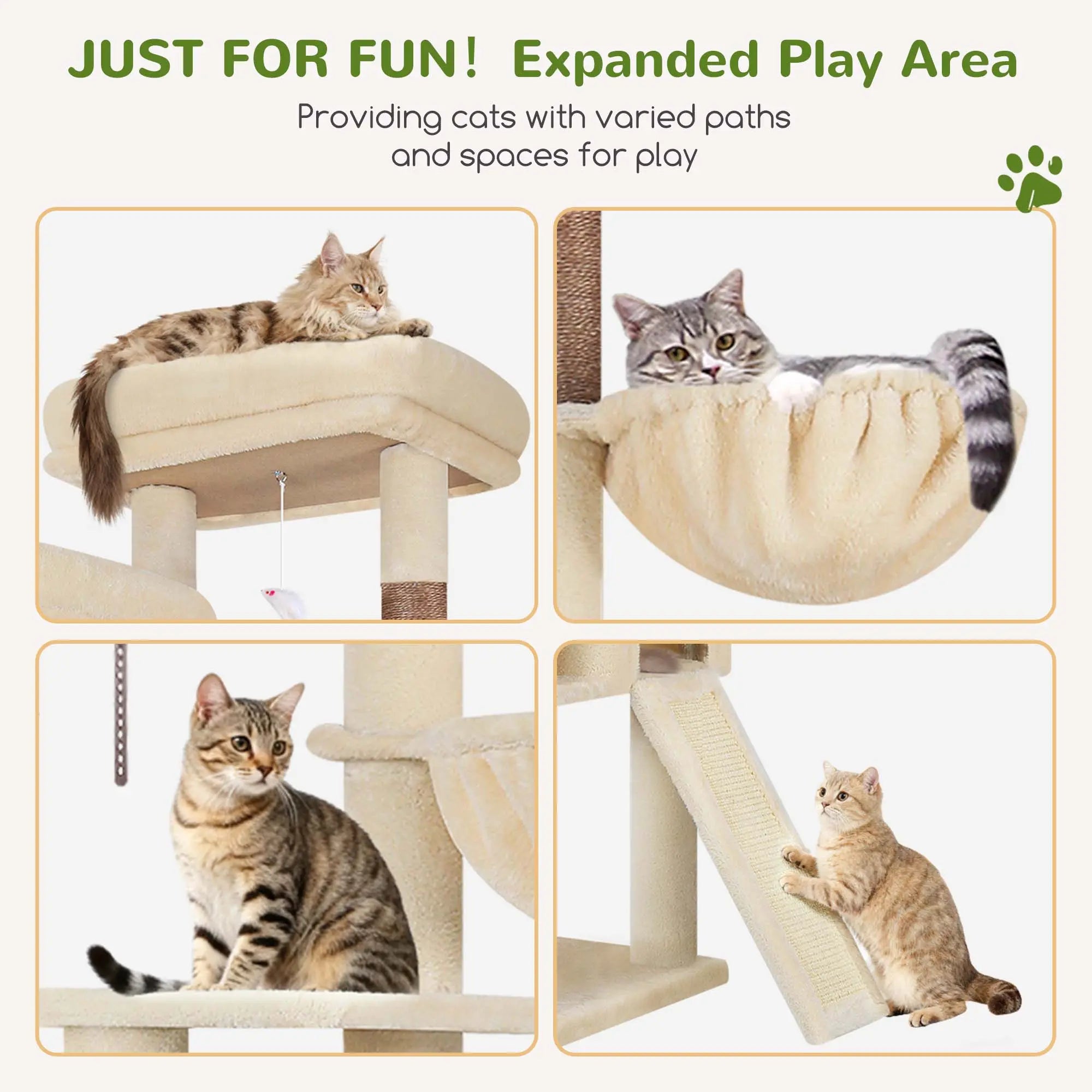 Spacious 76" Cat Tree for Large Cats - 2 Cozy Condos, 3 Hammocks & Durable Sisal Scratching Posts