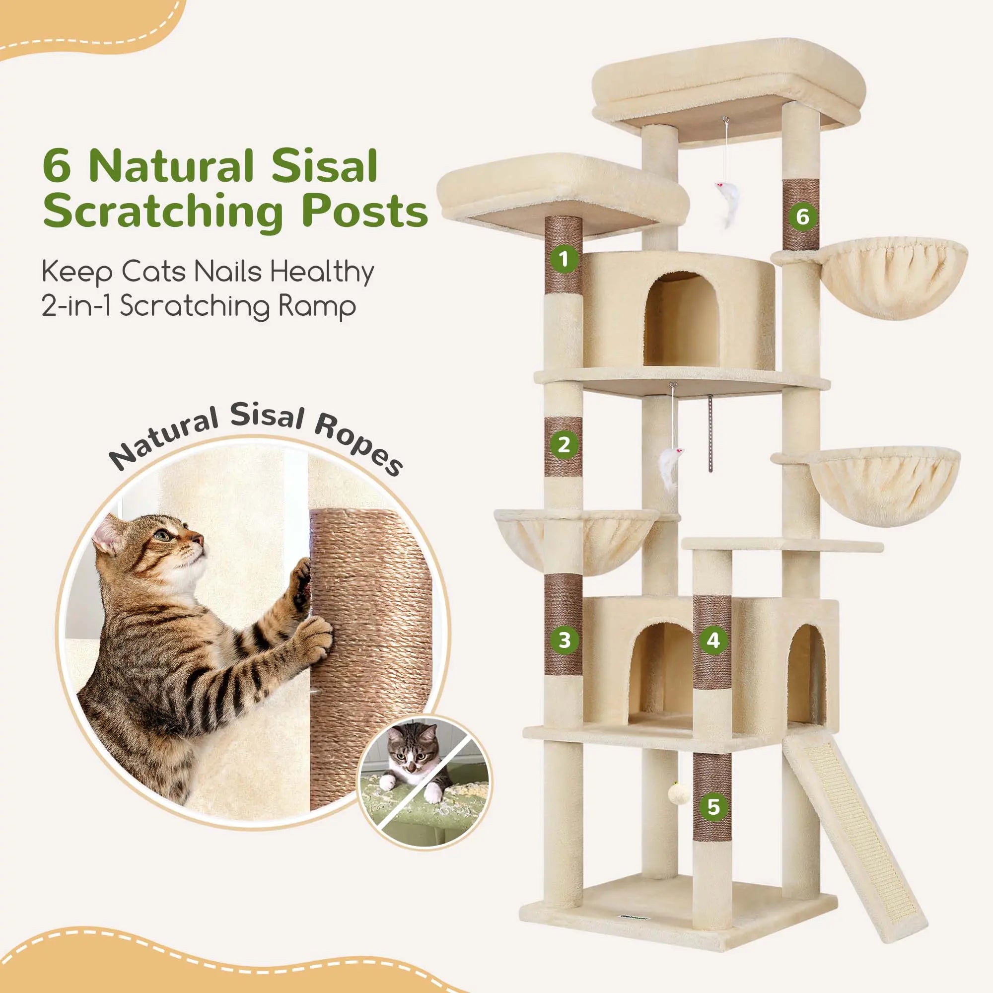 Spacious 76" Cat Tree for Large Cats - 2 Cozy Condos, 3 Hammocks & Durable Sisal Scratching Posts