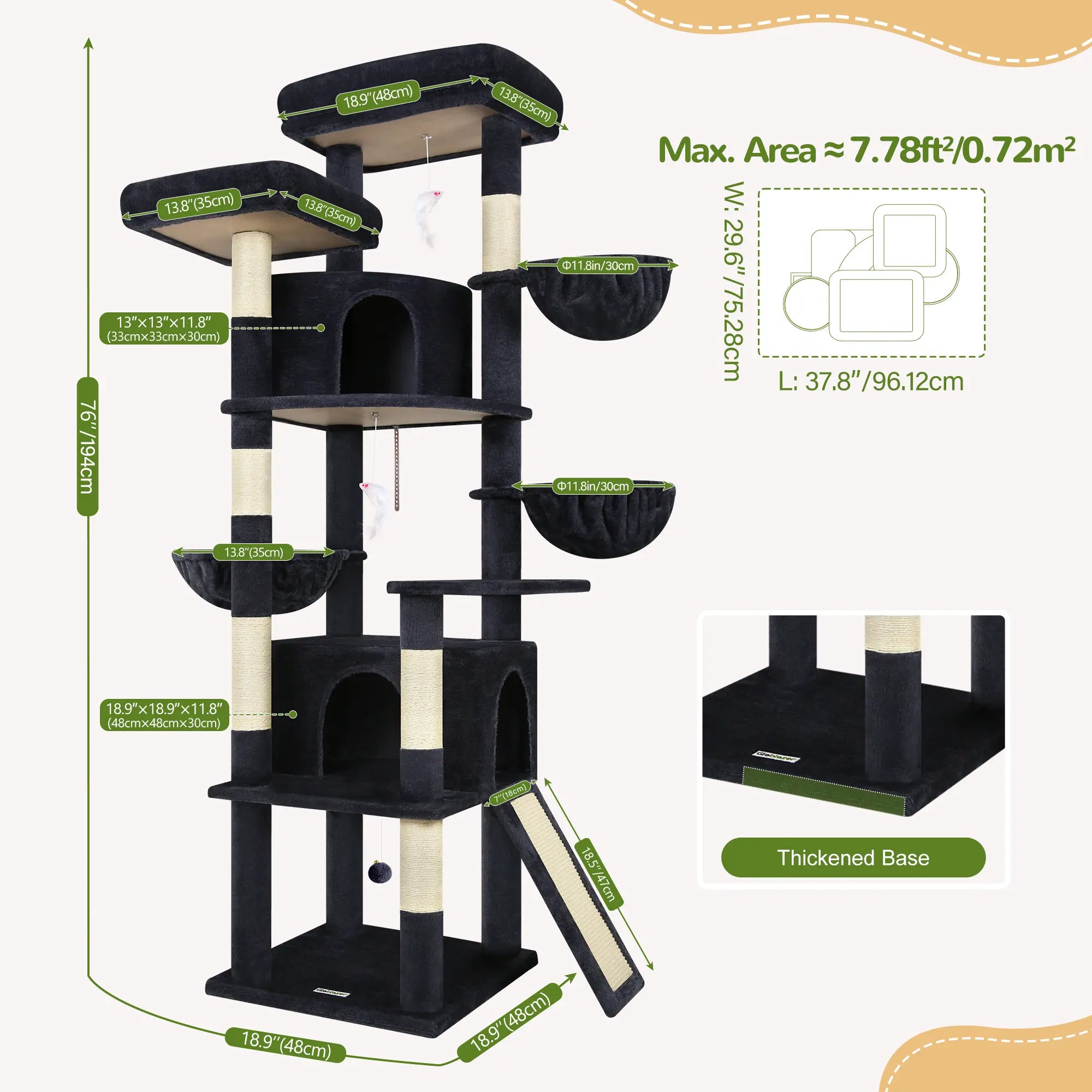 Spacious 76" Cat Tree for Large Cats - 2 Cozy Condos, 3 Hammocks & Durable Sisal Scratching Posts