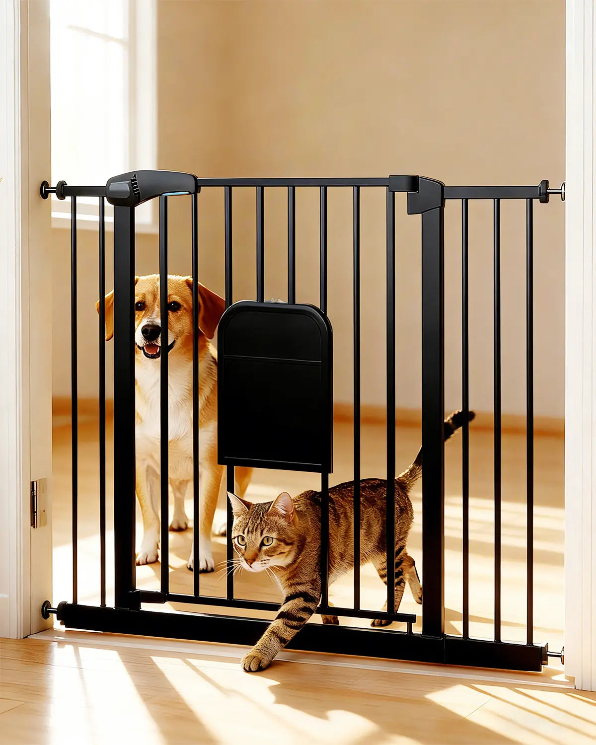 Versatile Adjustable Pet Gate with Cat Door – Auto-Close Safety Gate for Doorways & Stairs, Perfect for Multi-Pet Homes (29–45 Inches, White/Black)