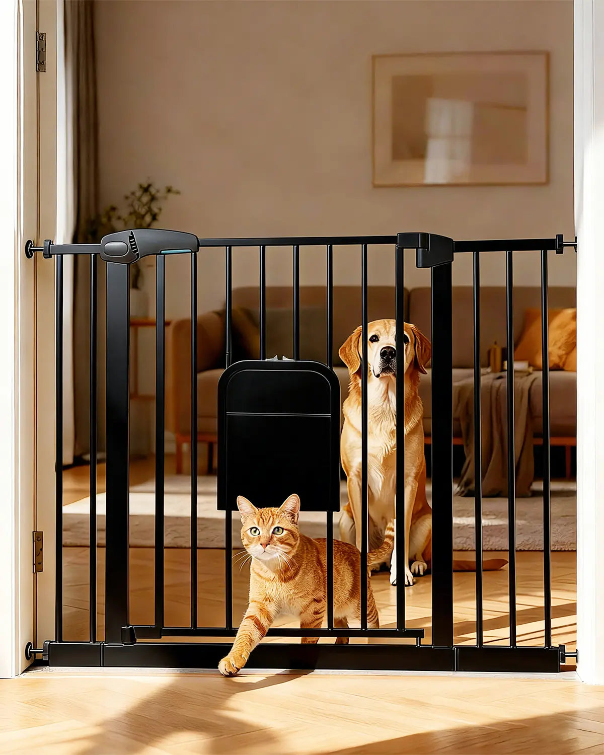 Versatile Adjustable Pet Gate with Cat Door – Auto-Close Safety Gate for Doorways & Stairs, Perfect for Multi-Pet Homes (29–45 Inches, White/Black)