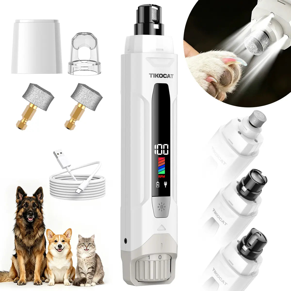 TIKOCAT 2-IN-1 Whisper Quiet Dog Nail Grinder Kit - 50% More Power, 6-Speed with LED Display &amp; Lights, Stress-Free Grooming for All Breeds