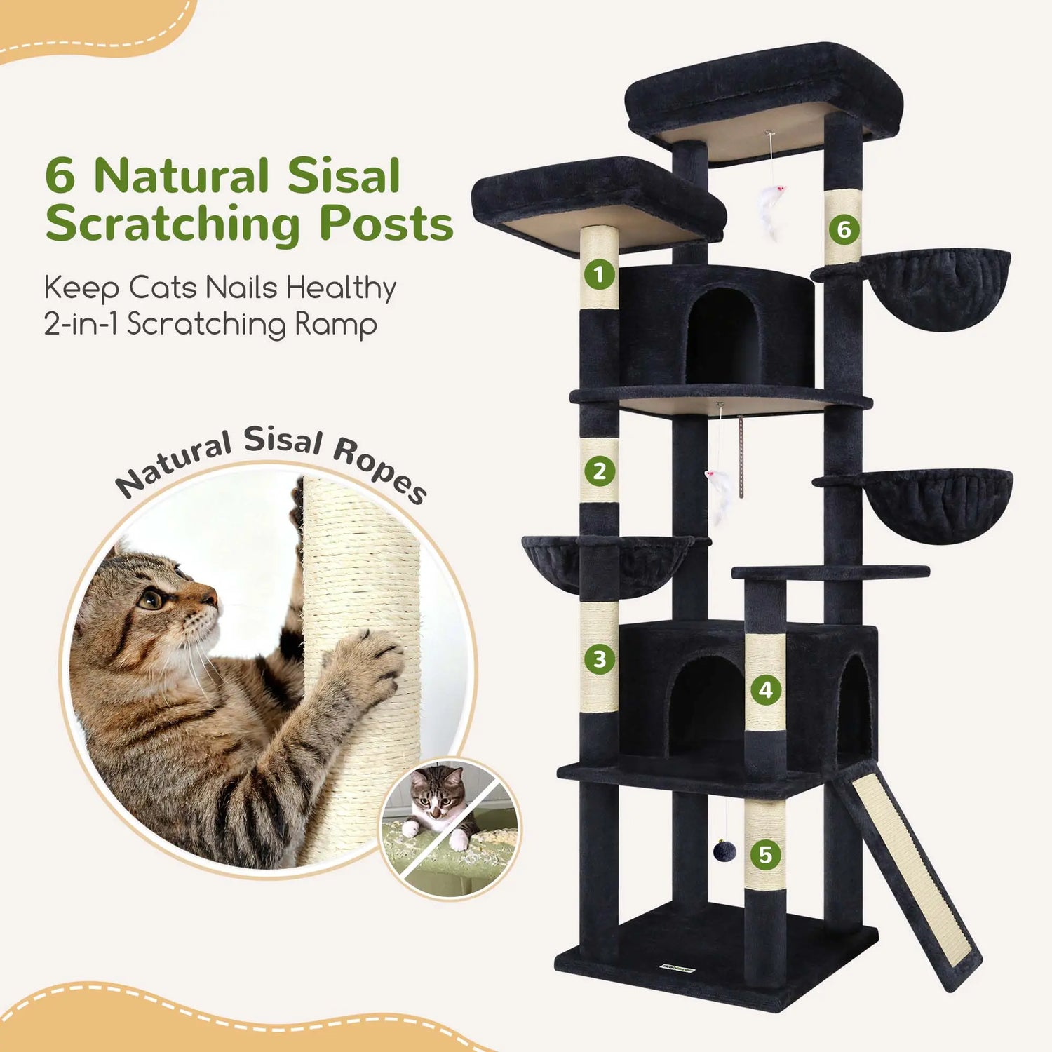 Spacious 76" Cat Tree for Large Cats - 2 Cozy Condos, 3 Hammocks &amp; Durable Sisal Scratching Posts