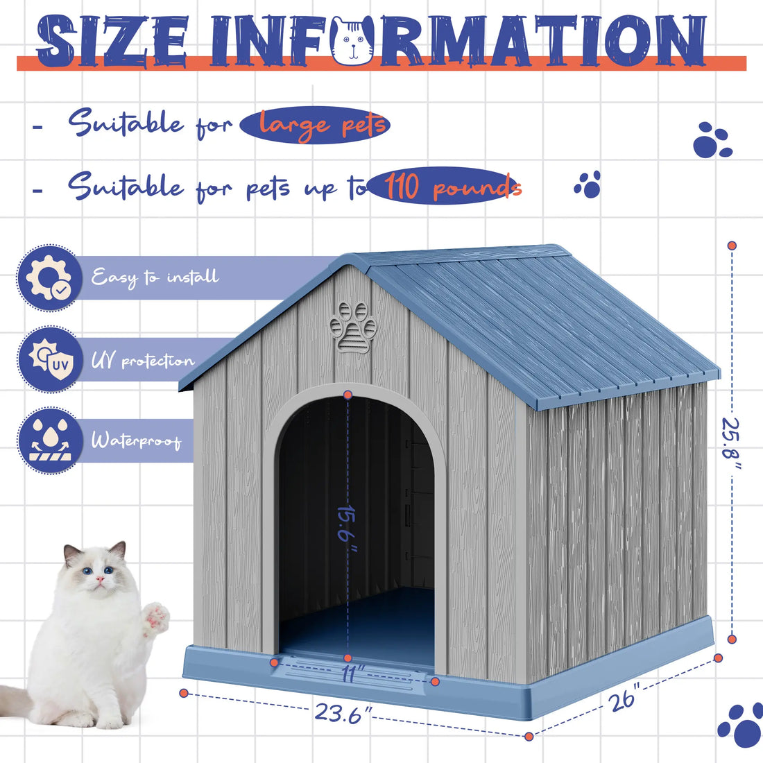 Durable Waterproof Dog House for All Sizes - Easy Clean, UV Resistant, Elevated with Air Vents &amp; Drainage Holes