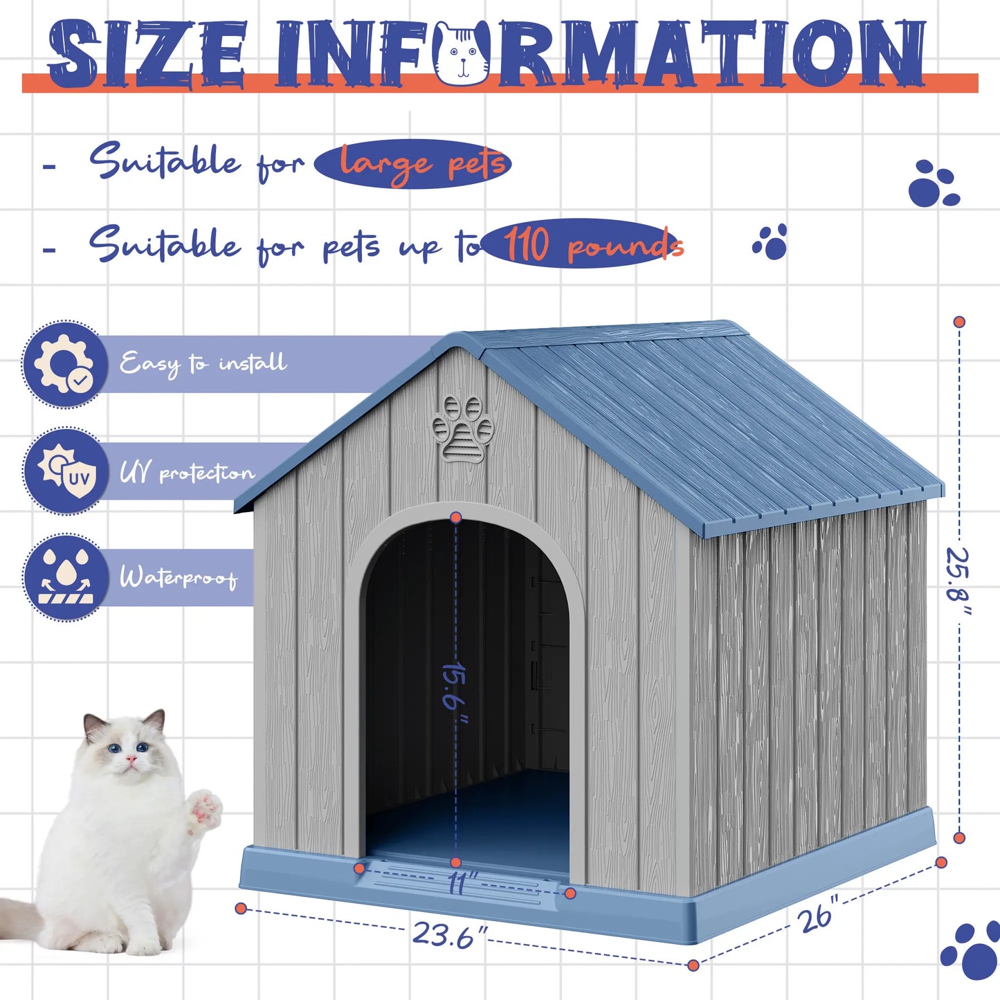 Durable Waterproof Dog House for All Sizes - Easy Clean, UV Resistant, Elevated with Air Vents & Drainage Holes
