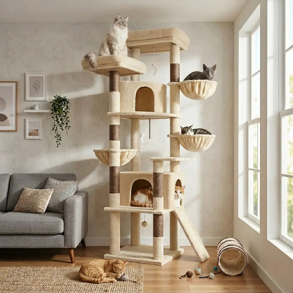 Spacious 76" Cat Tree for Large Cats - 2 Cozy Condos, 3 Hammocks &amp; Durable Sisal Scratching Posts