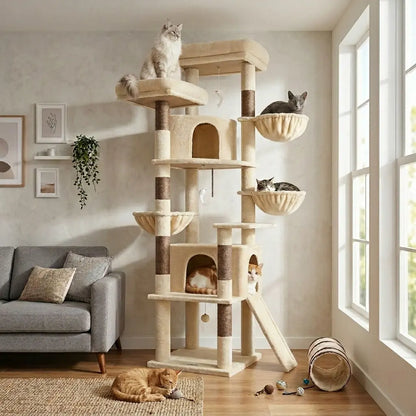 Spacious 76" Cat Tree for Large Cats - 2 Cozy Condos, 3 Hammocks & Durable Sisal Scratching Posts
