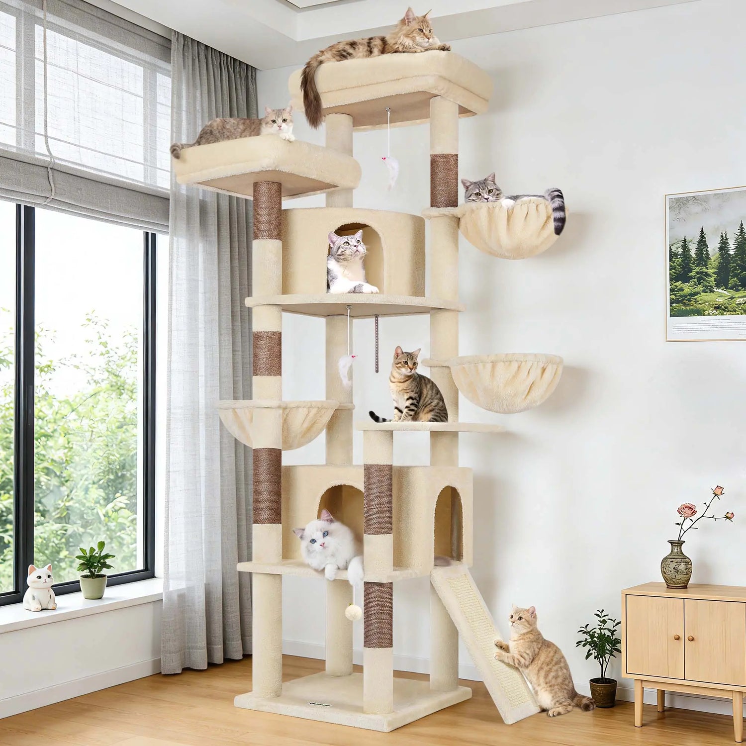 Spacious 76" Cat Tree for Large Cats - 2 Cozy Condos, 3 Hammocks &amp; Durable Sisal Scratching Posts