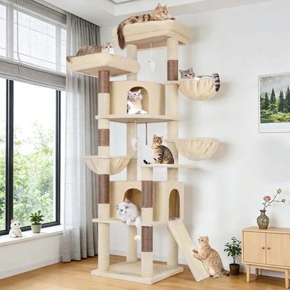 Spacious 76" Cat Tree for Large Cats - 2 Cozy Condos, 3 Hammocks & Durable Sisal Scratching Posts