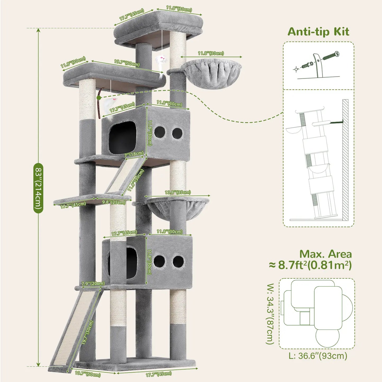 Ultimate 83-Inch Heavy Duty Cat Tower for Big Cats - Sturdy Multi-Cat Condo with Scratching Boards, Perfect for Maine Coons!