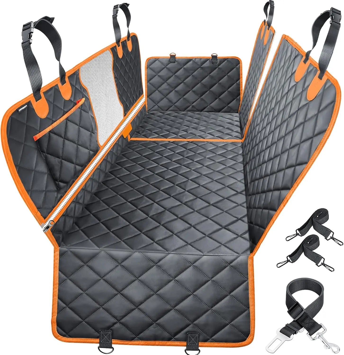 Premium Waterproof Dog Car Seat Cover - Scratchproof Hammock with 4 Storage Bags &amp; Non-Slip Backseat Protector for Cars, Trucks &amp; SUVs - Easy to Clean &amp; Install!
