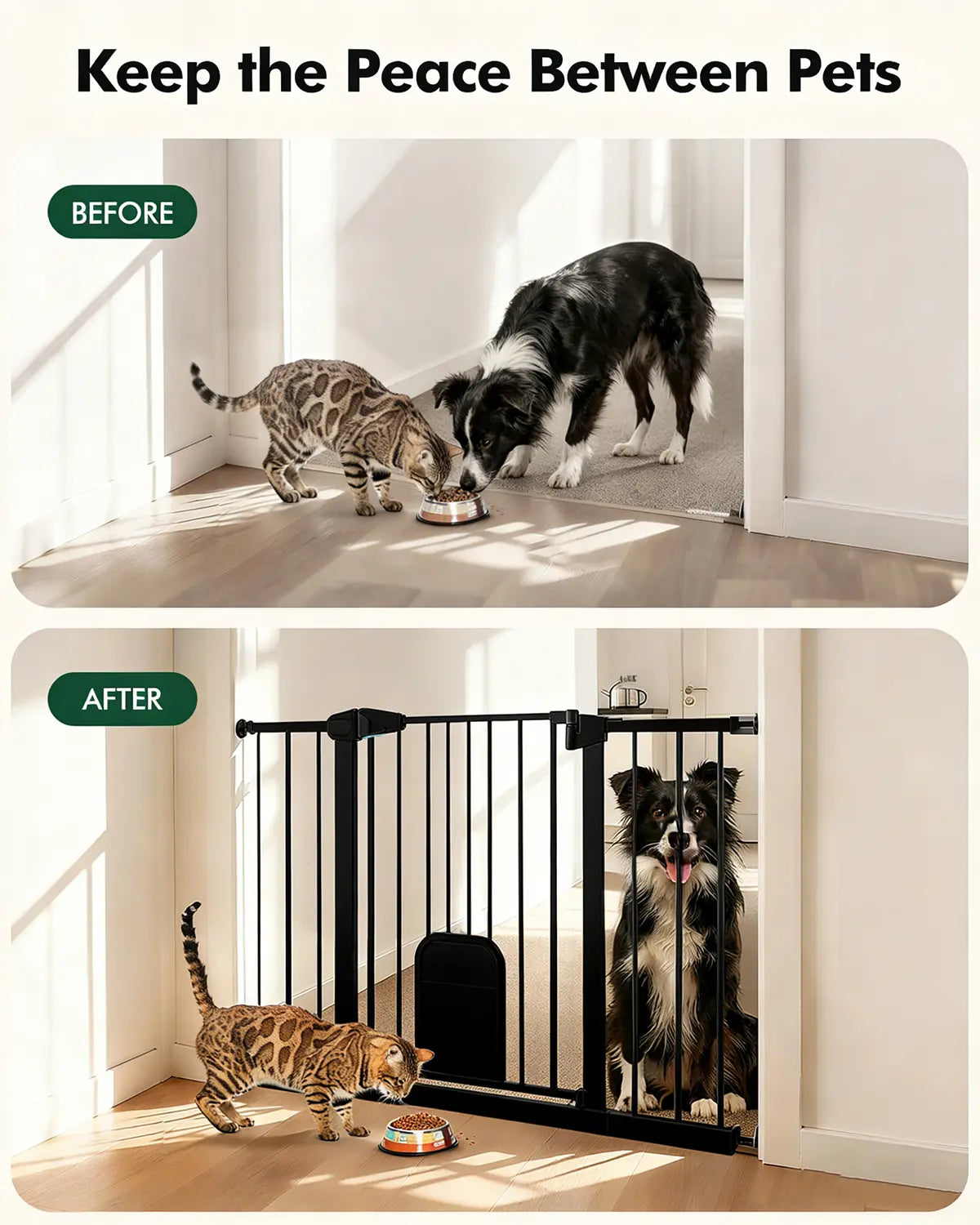 Versatile Adjustable Pet Gate with Cat Door – Auto-Close Safety Gate for Doorways &amp; Stairs, Perfect for Multi-Pet Homes (29–45 Inches, White/Black)