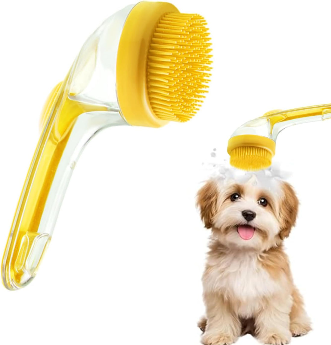 2-in-1 Dog Bath Brush with Soap Dispenser - Soft Silicone Grooming Scrubber for Dogs &amp; Cats - Perfect for Long &amp; Short Hair - Yellow