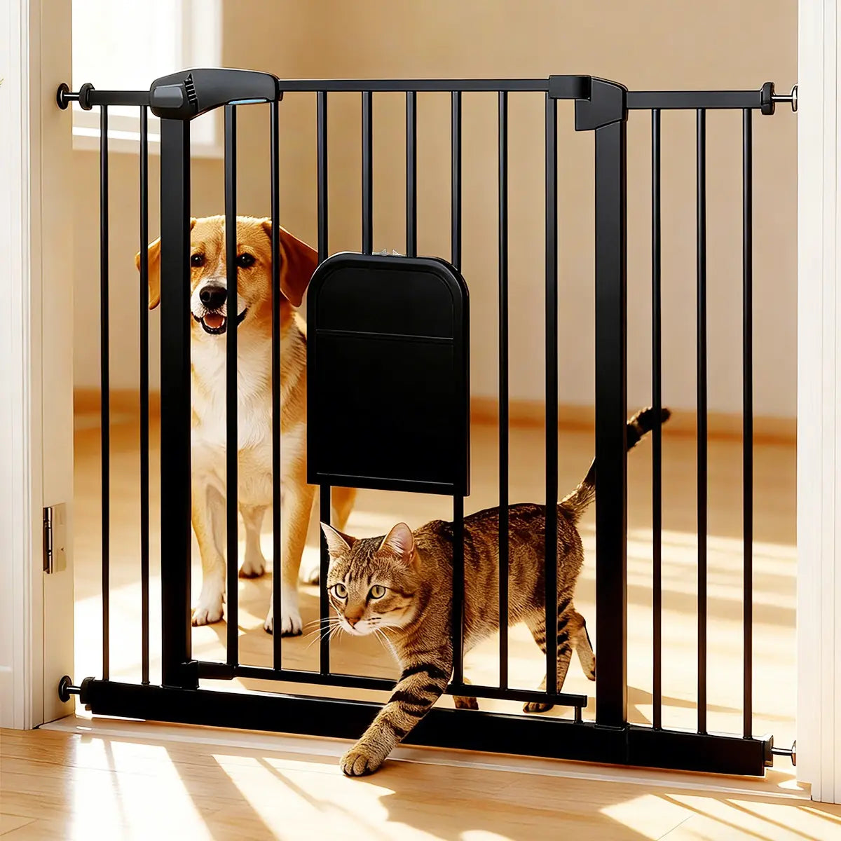 Versatile Adjustable Pet Gate with Cat Door – Auto-Close Safety Gate for Doorways &amp; Stairs, Perfect for Multi-Pet Homes (29–45 Inches, White/Black)