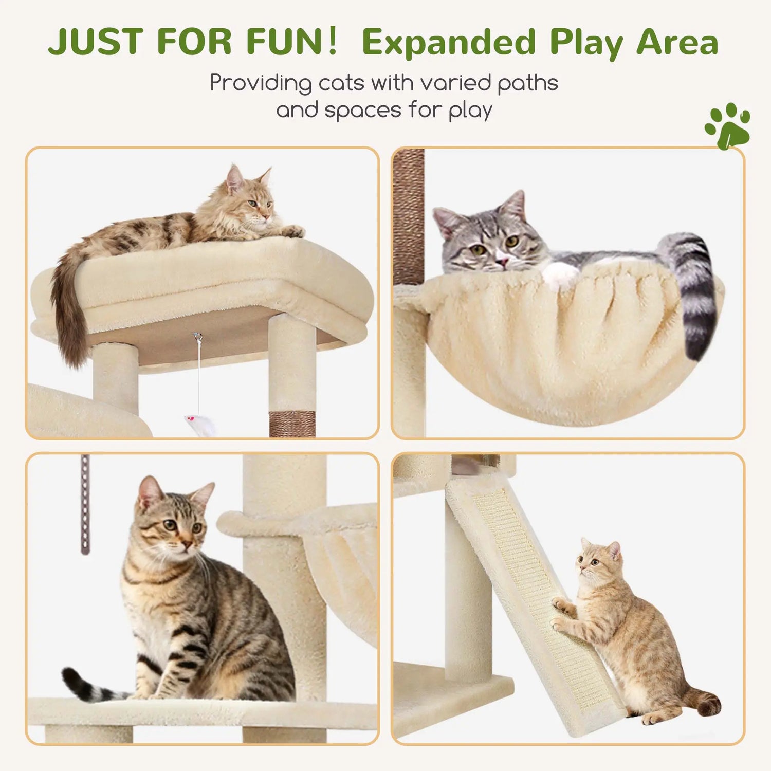 Spacious 76" Cat Tree for Large Cats - 2 Cozy Condos, 3 Hammocks &amp; Durable Sisal Scratching Posts