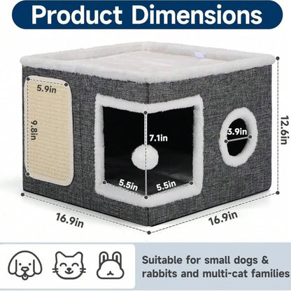 Cozy & Stylish Indoor Cat Bed with Fluffy Hanging Balls, Round Windows, and Double-Sided Cushions - Perfect for Cats Up to 30 lbs!