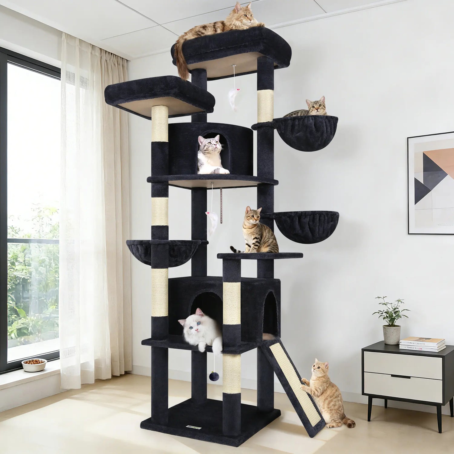 Spacious 76" Cat Tree for Large Cats - 2 Cozy Condos, 3 Hammocks &amp; Durable Sisal Scratching Posts