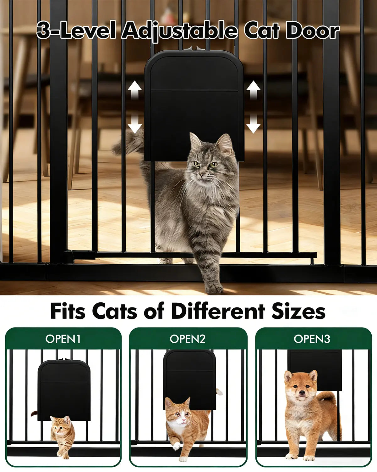 Versatile Adjustable Pet Gate with Cat Door – Auto-Close Safety Gate for Doorways &amp; Stairs, Perfect for Multi-Pet Homes (29–45 Inches, White/Black)