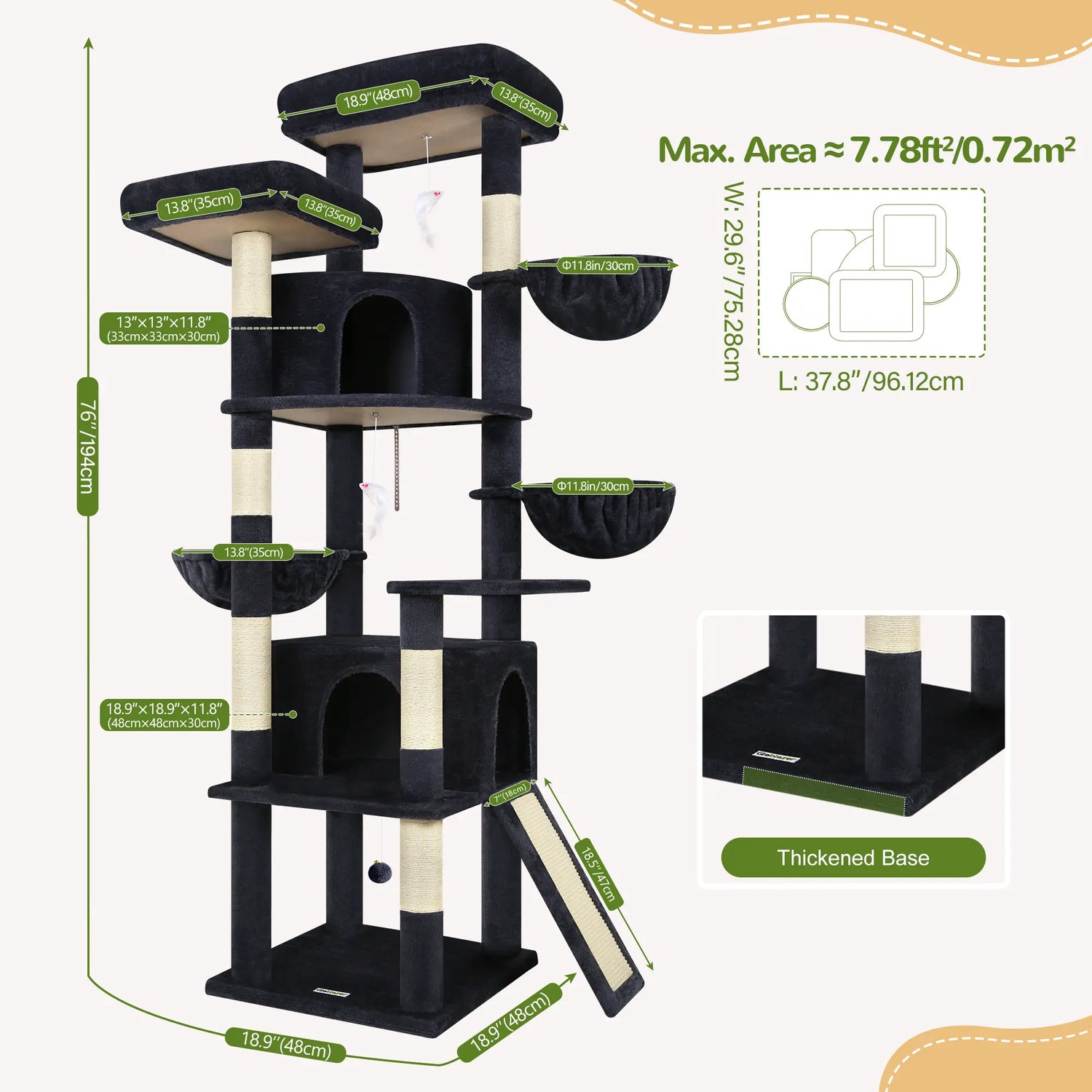Spacious 76" Cat Tree for Large Cats - 2 Cozy Condos, 3 Hammocks &amp; Durable Sisal Scratching Posts