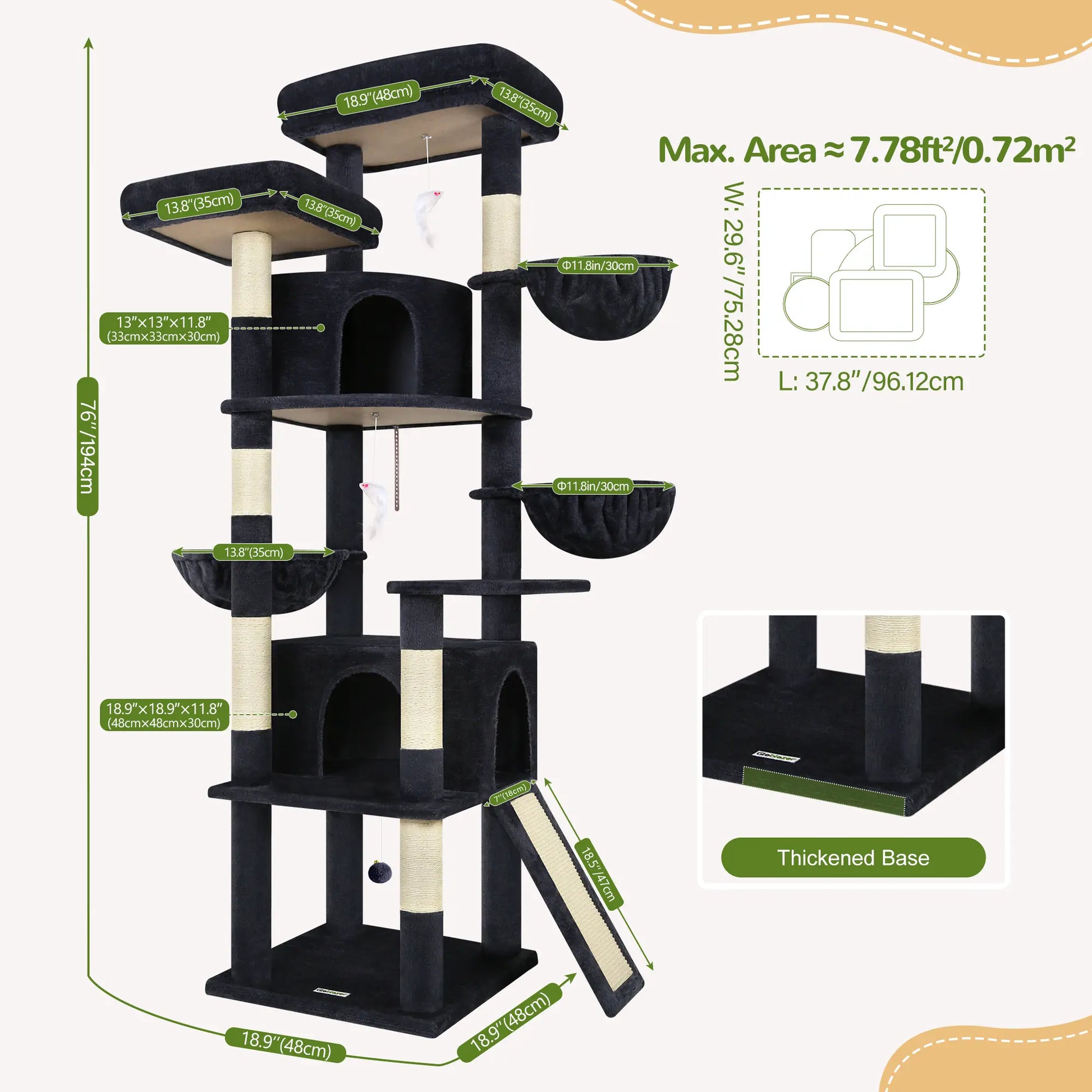 Spacious 76" Cat Tree for Large Cats - 2 Cozy Condos, 3 Hammocks & Durable Sisal Scratching Posts