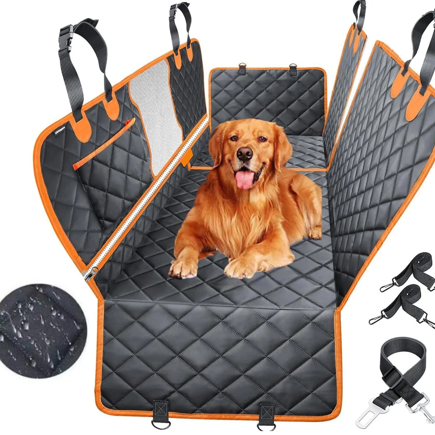 Premium Waterproof Dog Car Seat Cover - Scratchproof Hammock with 4 Storage Bags &amp; Non-Slip Backseat Protector for Cars, Trucks &amp; SUVs - Easy to Clean &amp; Install!