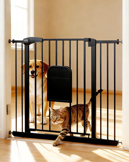 Versatile Adjustable Pet Gate with Cat Door – Auto-Close Safety Gate for Doorways & Stairs, Perfect for Multi-Pet Homes (29–45 Inches, White/Black)