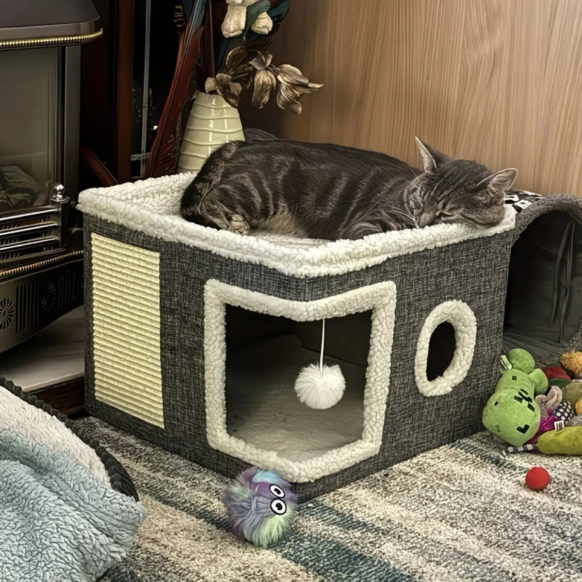 cozy indoor cat bed with fluffy balls