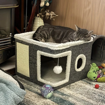 Cozy & Stylish Indoor Cat Bed with Fluffy Hanging Balls, Round Windows, and Double-Sided Cushions - Perfect for Cats Up to 30 lbs!
