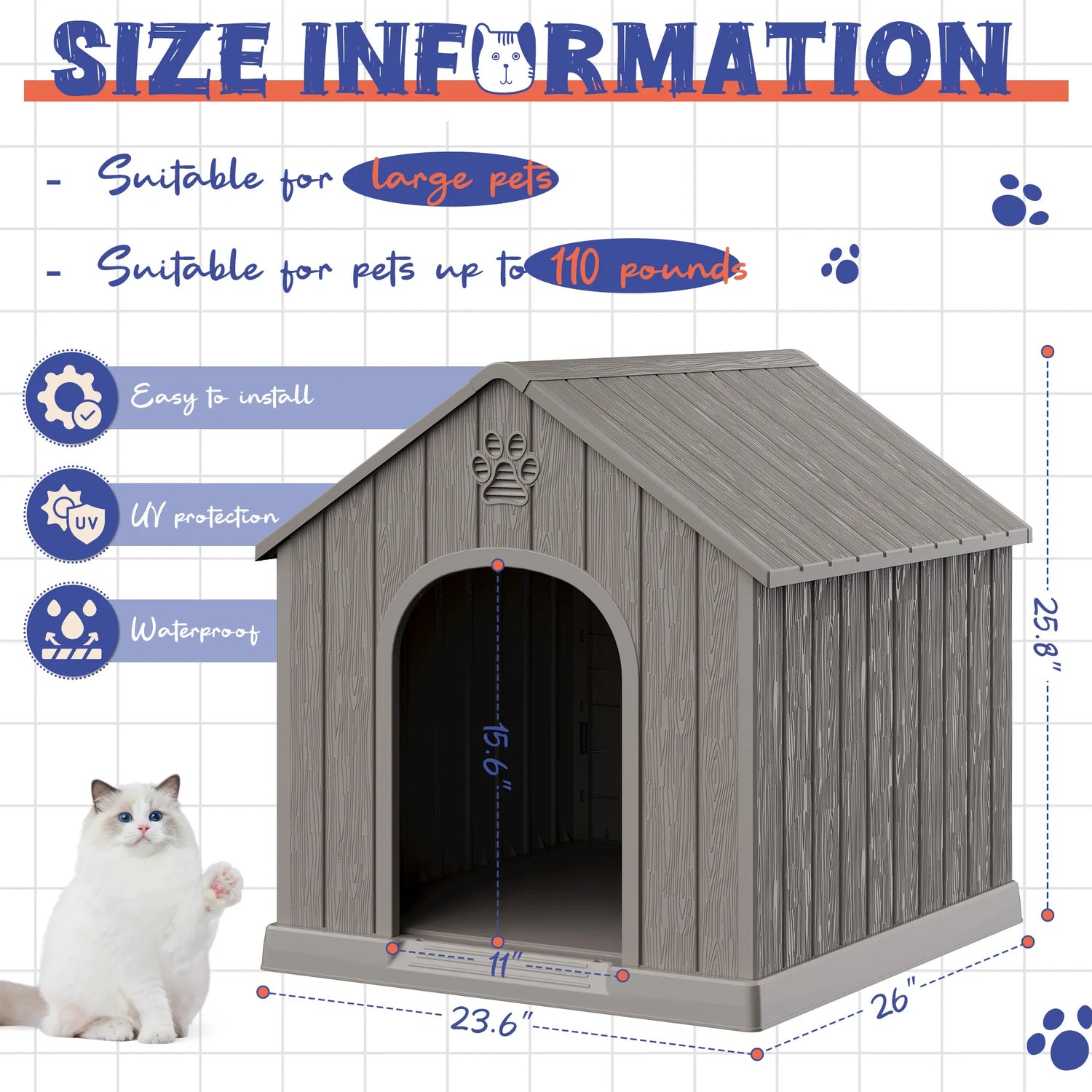 Durable Waterproof Dog House for All Sizes - Easy Clean, UV Resistant, Elevated with Air Vents &amp; Drainage Holes