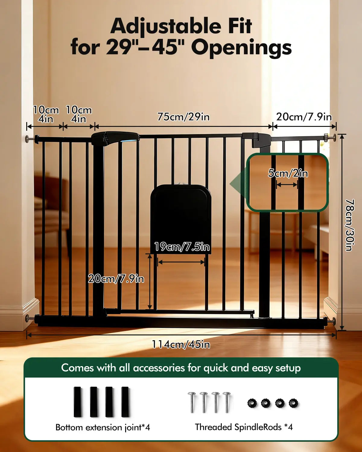 Versatile Adjustable Pet Gate with Cat Door – Auto-Close Safety Gate for Doorways &amp; Stairs, Perfect for Multi-Pet Homes (29–45 Inches, White/Black)