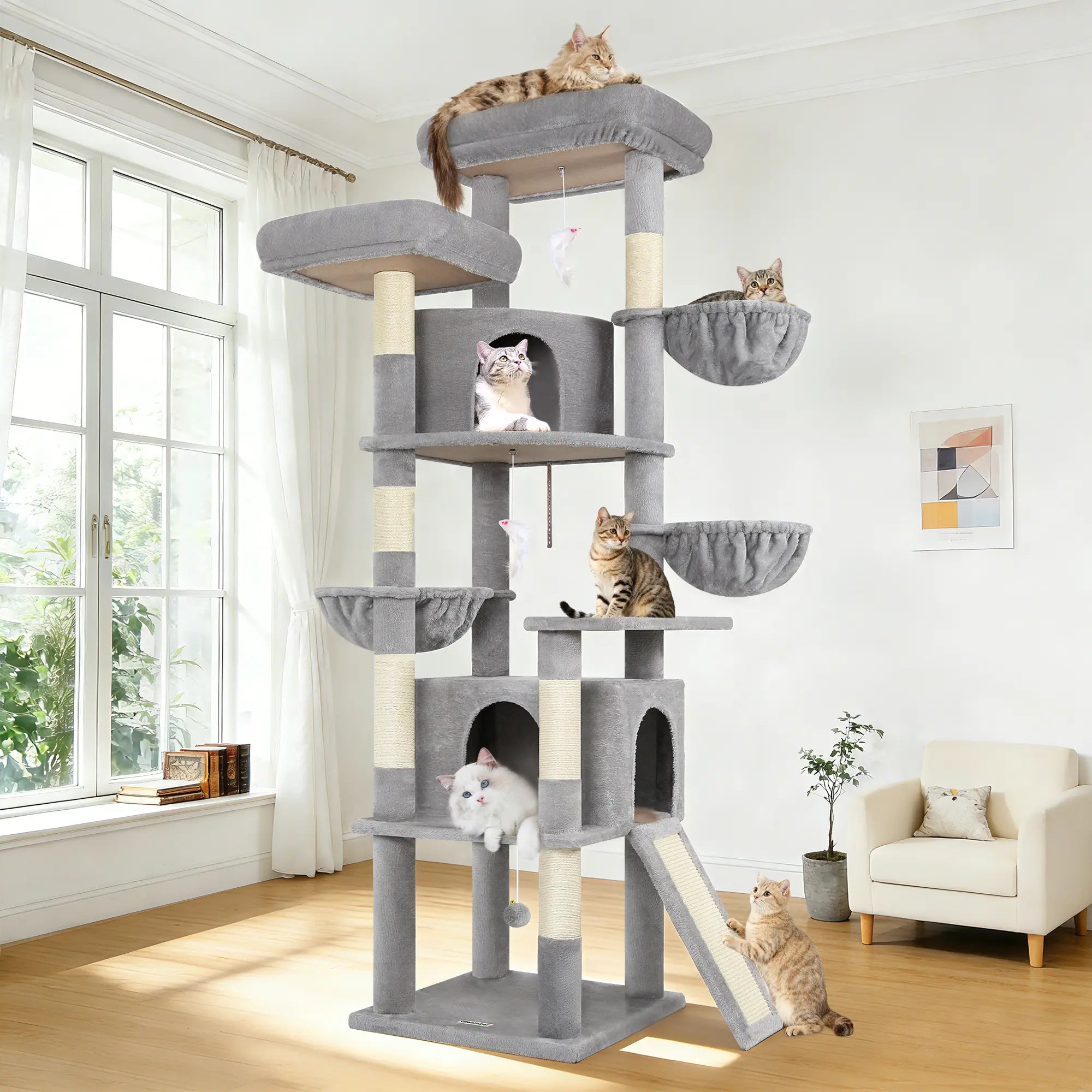 Spacious 76" Cat Tree for Large Cats - 2 Cozy Condos, 3 Hammocks &amp; Durable Sisal Scratching Posts