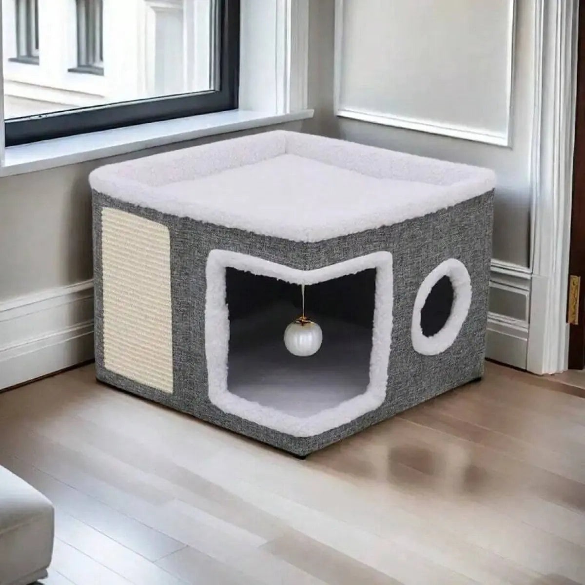 cozy indoor cat bed with fluffy balls