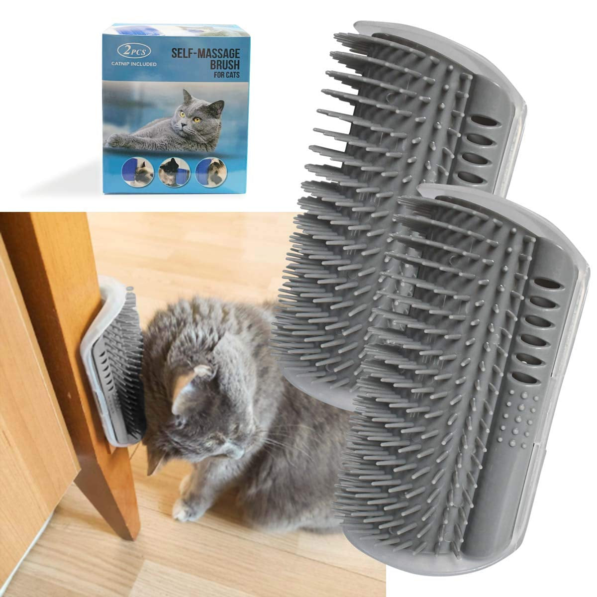2 Pack Catnip Wall Corner Massage Comb &amp; Scratcher - Soft Grooming Brush Tool for Cats &amp; Dogs (Gray)