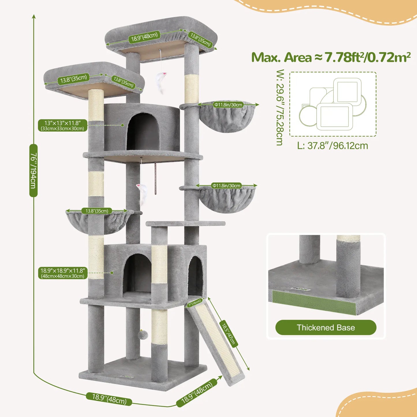 Spacious 76" Cat Tree for Large Cats - 2 Cozy Condos, 3 Hammocks & Durable Sisal Scratching Posts
