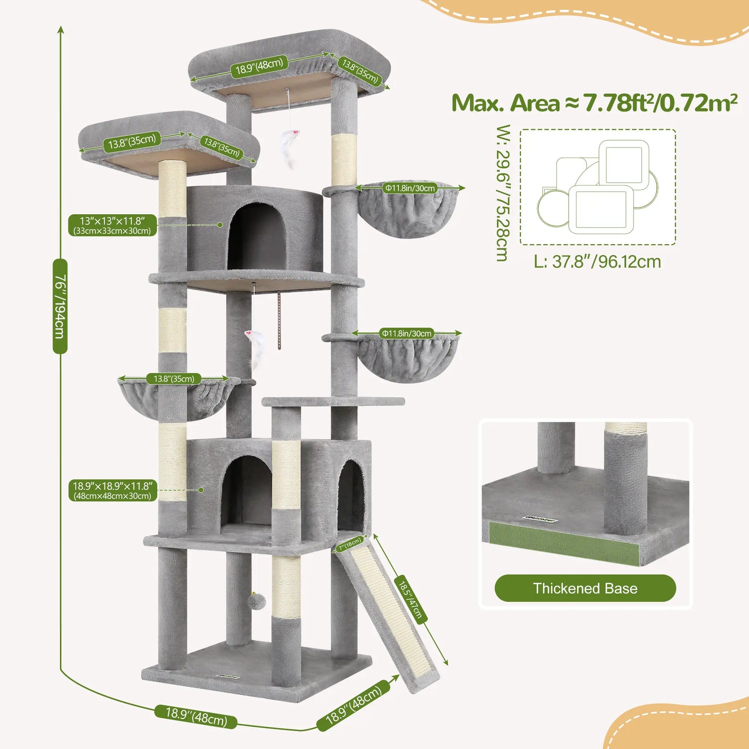 Spacious 76" Cat Tree for Large Cats - 2 Cozy Condos, 3 Hammocks &amp; Durable Sisal Scratching Posts