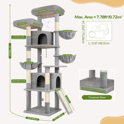 Spacious 76" Cat Tree for Large Cats - 2 Cozy Condos, 3 Hammocks & Durable Sisal Scratching Posts