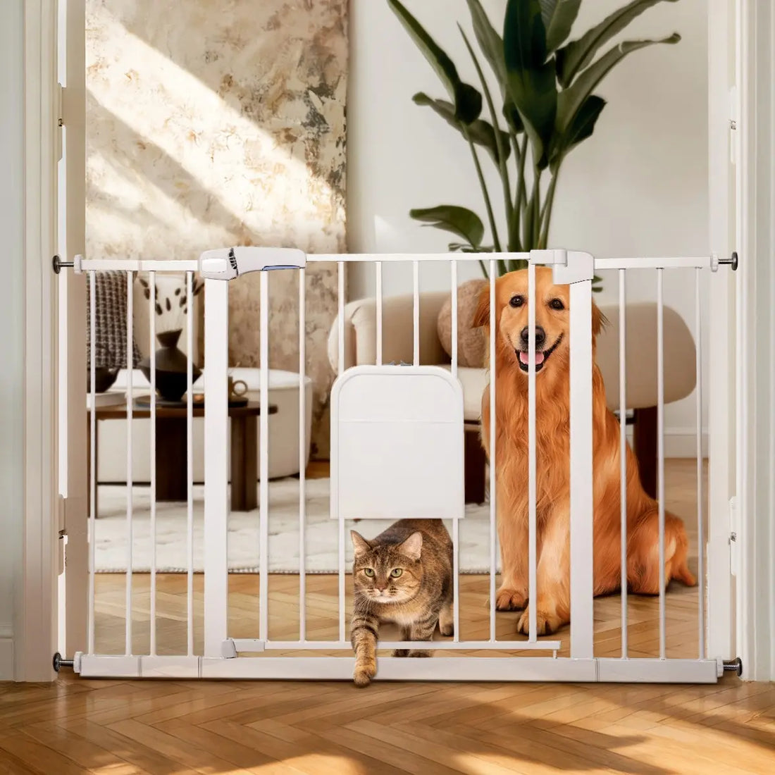 Versatile Adjustable Pet Gate with Cat Door – Auto-Close Safety Gate for Doorways &amp; Stairs, Perfect for Multi-Pet Homes (29–45 Inches, White/Black)