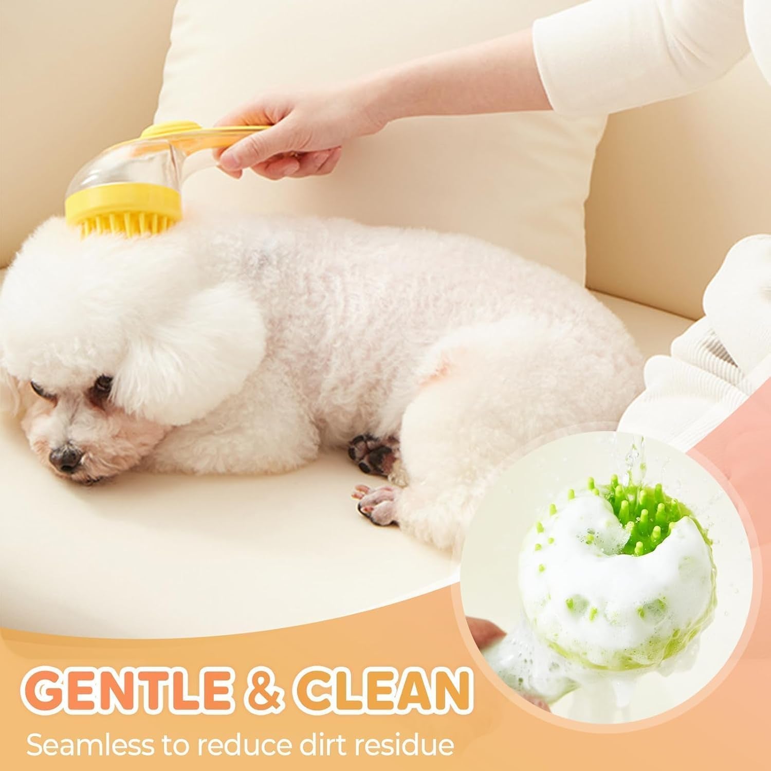 2-in-1 Dog Bath Brush with Soap Dispenser - Soft Silicone Grooming Scrubber for Dogs &amp; Cats - Perfect for Long &amp; Short Hair - Yellow