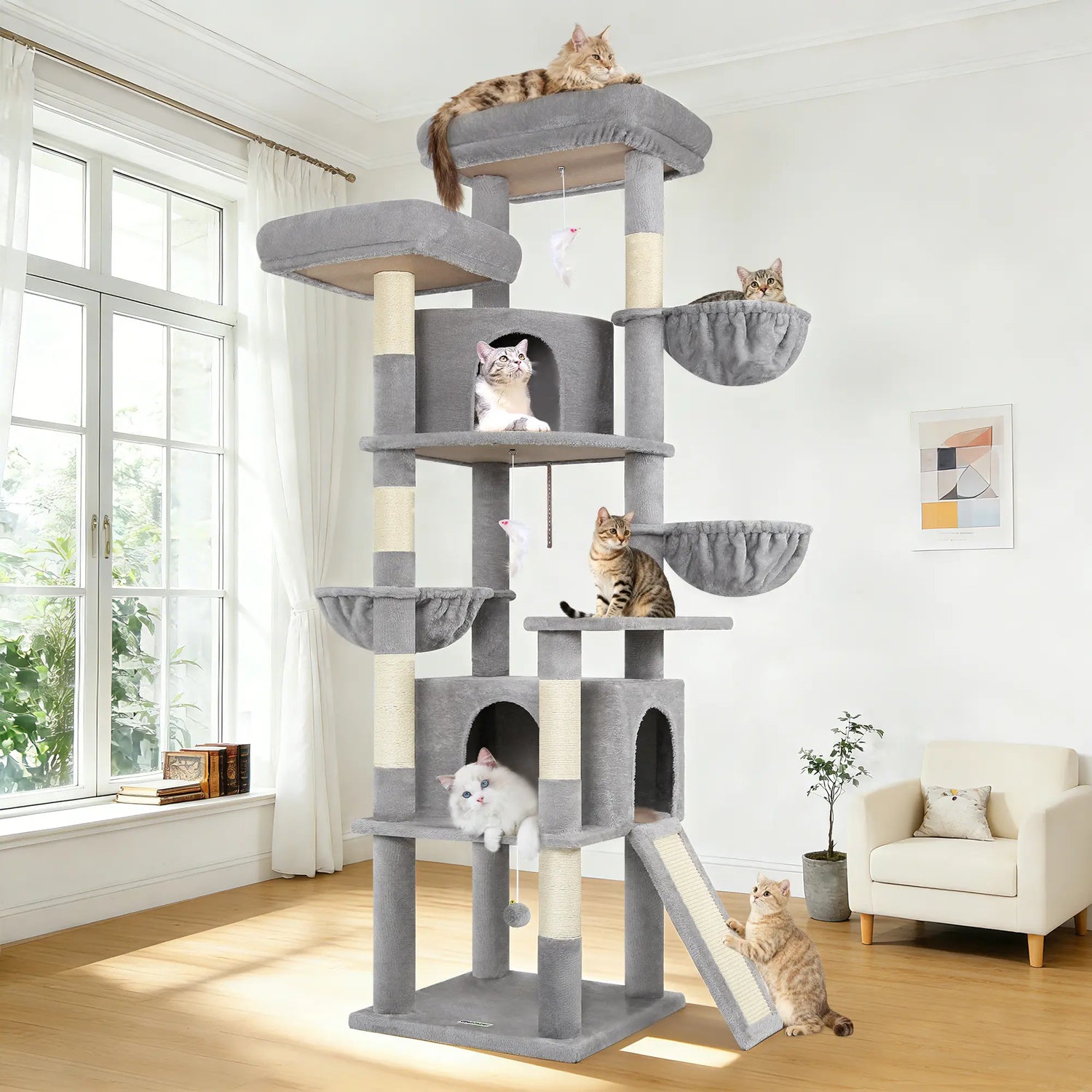 Spacious 76" Cat Tree for Large Cats - 2 Cozy Condos, 3 Hammocks &amp; Durable Sisal Scratching Posts