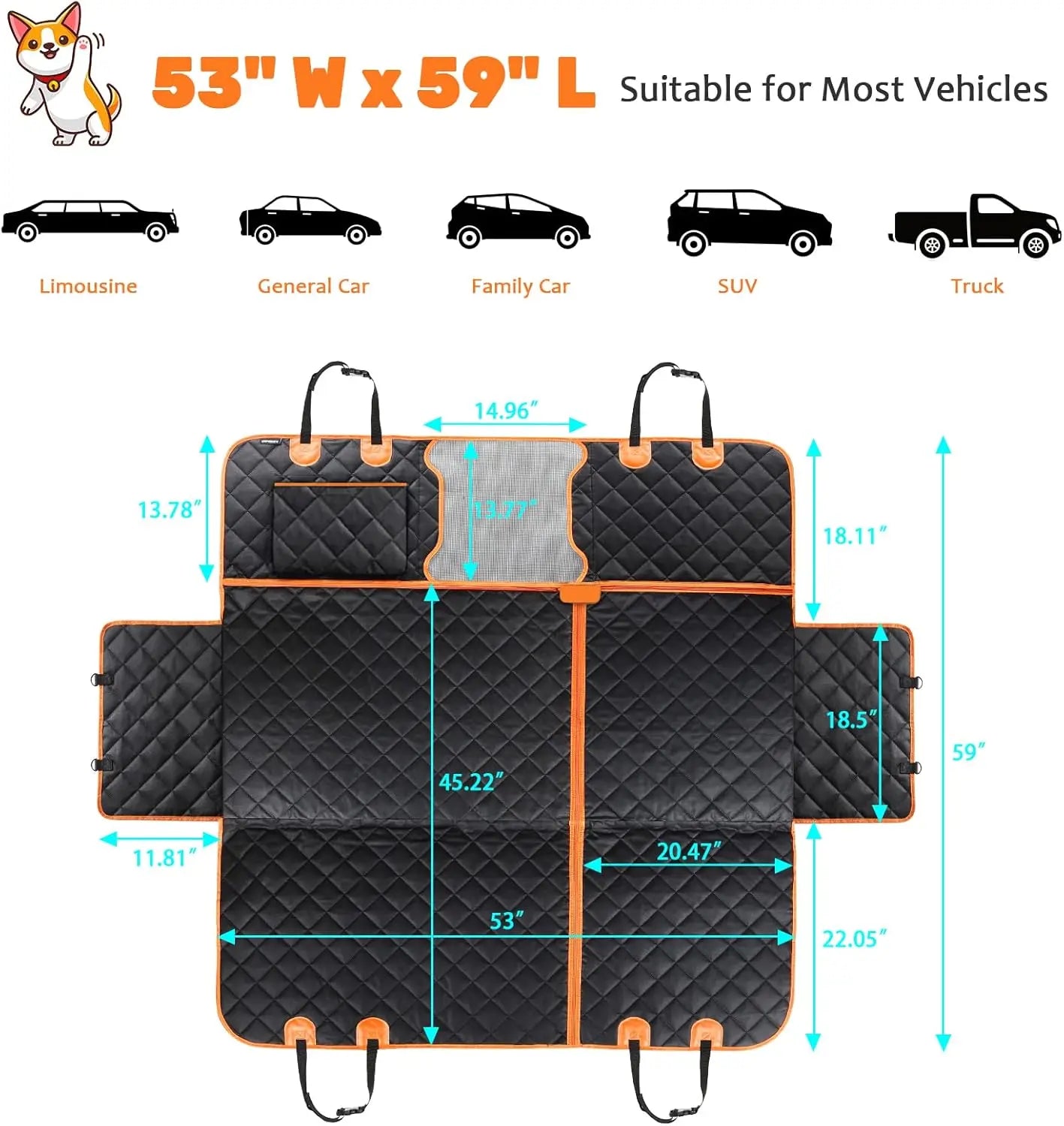 Premium Waterproof Dog Car Seat Cover - Scratchproof Hammock with 4 Storage Bags &amp; Non-Slip Backseat Protector for Cars, Trucks &amp; SUVs - Easy to Clean &amp; Install!