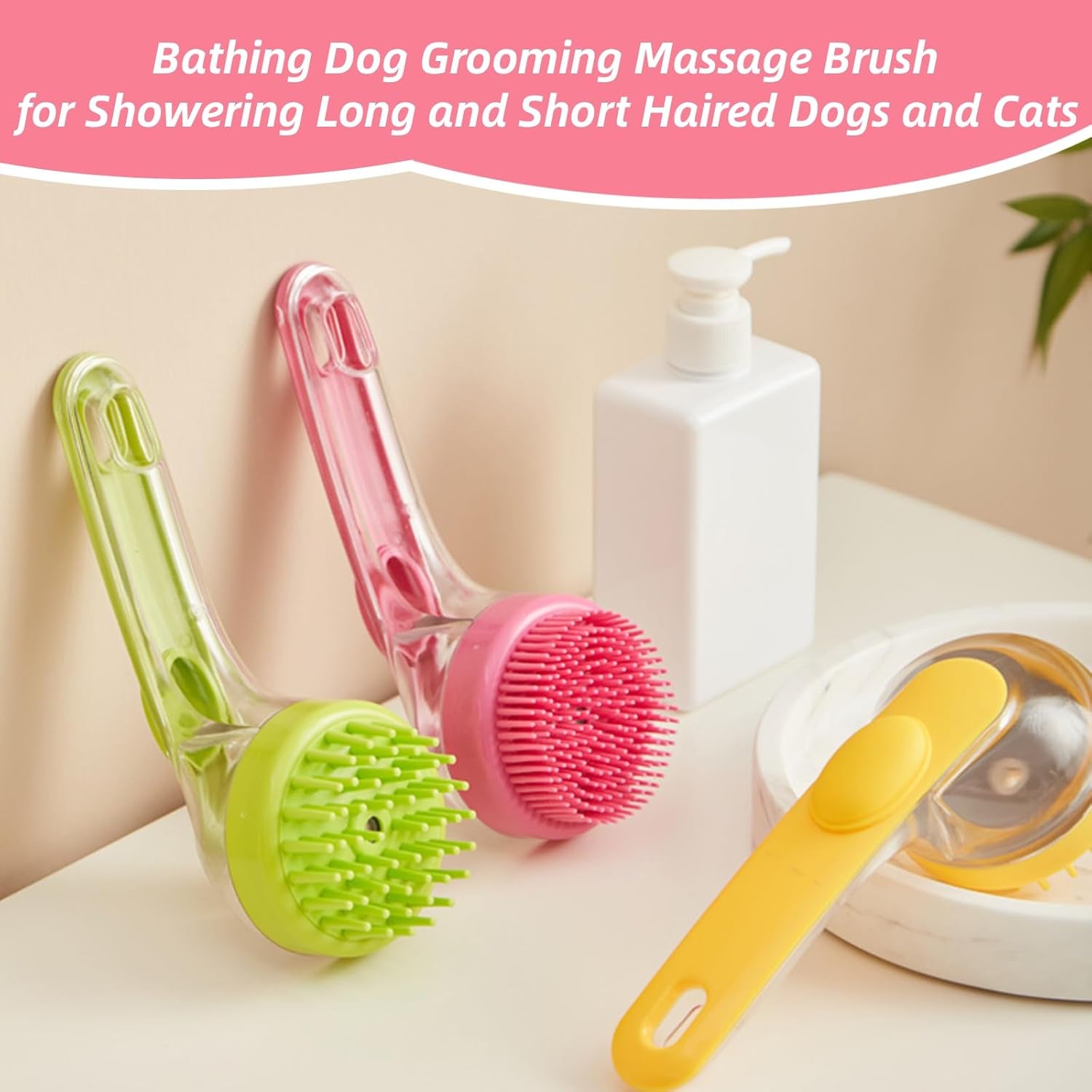 2-in-1 Dog Bath Brush with Soap Dispenser - Soft Silicone Grooming Scrubber for Dogs &amp; Cats - Perfect for Long &amp; Short Hair - Yellow