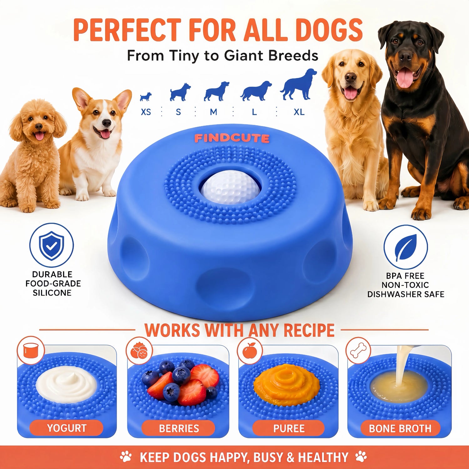 FINDCUTE 3-in-1 Slow Feeder Dog Lick Bowl - Hygienic Silicone Design for Fast Eaters, Easy to Clean, Perfect for All Food Types