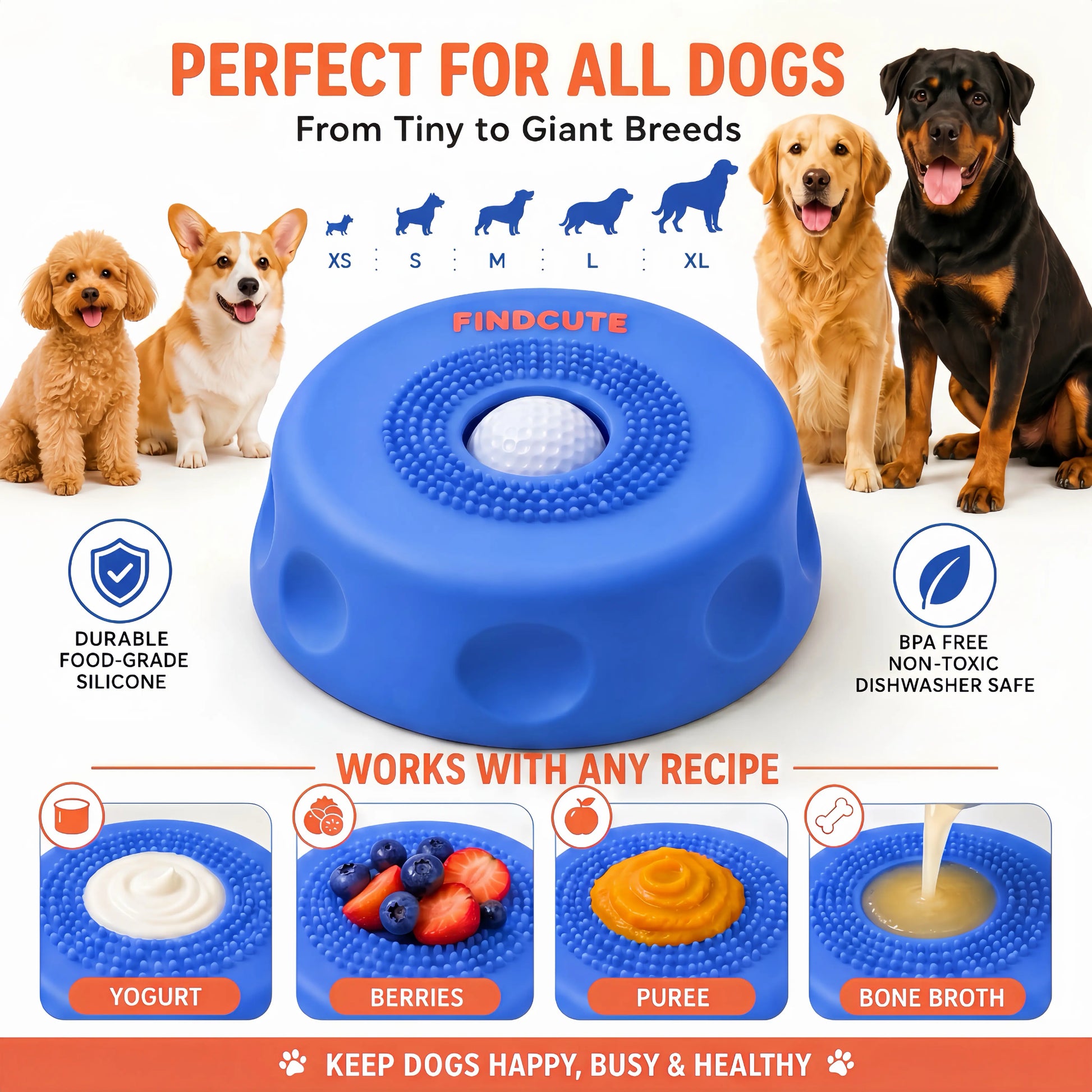 FINDCUTE 3-in-1 Slow Feeder Dog Lick Bowl - Hygienic Silicone Design for Fast Eaters, Easy to Clean, Perfect for All Food Types